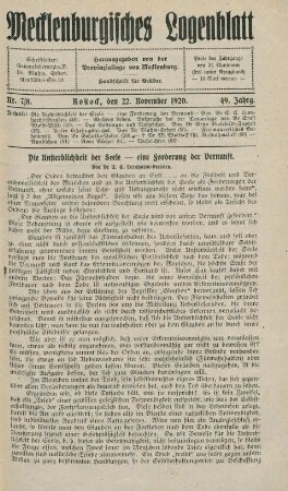 Nr. 7/8. Rostock, den 22. November 1920.