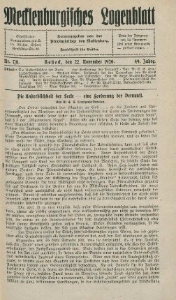 Nr. 7/8. Rostock, den 22. November 1920.