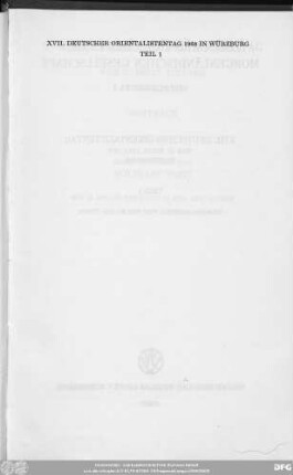 Supplement I, 1: XVII. Deutscher Orientalistentag (1968): Zeitschrift der Deutschen Morgenländischen Gesellschaft : ZDMG