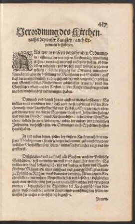 Verordnung des Kirchenraths bey unser Cantzley/ auch Expedition desselbigen.