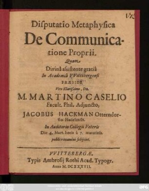 Disputatio Metaphysica De Communicatione Proprii