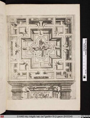 Perspektivische Deckendekoration mit Putto und Blumen.