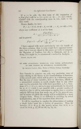 On some analytical formule, and their application to the theory of spherical co-ordinates.