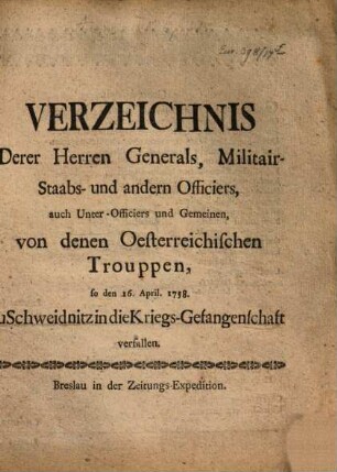 Verzeichniß derer ... Generals ... Staabs und andern Officiers ... von denen Österrischen Trouppen