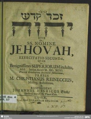 2: ... Sive De SS. Nomine Jehovah : Exercitatio ...