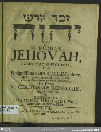 2: ... Sive De SS. Nomine Jehovah : Exercitatio ...