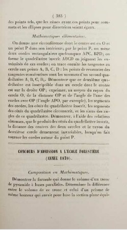 Concours d'admission a l'école forestière (Année 1870).