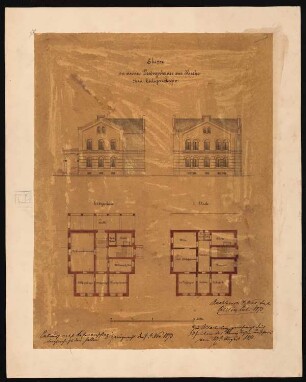 Predigerhaus der Kirche zum Heiligen Kreuz, Berlin: Grundriss EG, 1. OG, 2 Aufrisse