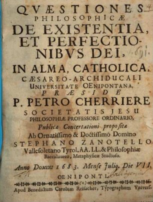 Quaestiones philos. de existentia et perfectionibus Dei