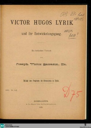 Victor Hugos Lyrik und ihr Entwickelungsgang : ein kritischer Versuch