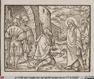 Jesus segnet einen Mann vor einer Stadtmauer.