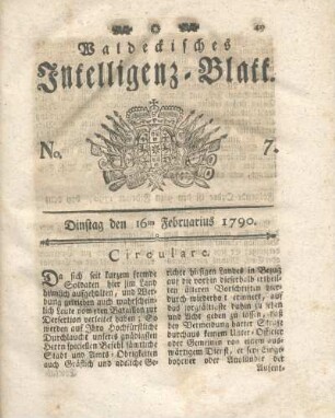 No. 7, Dinstag den 16ten Februarius 1790