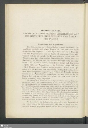 Sechstes Kapitel, Herstellung der Pigment-Übertragung auf die gestaubte Kupferplatte und Ätzen der Platte