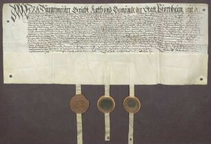 Erbhuldigungsrevers der Stadt Pforzheim und der zu Stadt und Policey Pforzheim Gehörigen als Leibeigene gegen die Vormünder der Söhne von Markgraf Karl II. von Baden-Durlach, der Markgrafen Ernst Friedrich von Baden-Durlach, Jakob III. von Baden-Hachberg und Georg Friedrich von Baden-Durlach