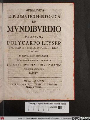 Observata Diplomatico-Historica De Mvndibvrdio