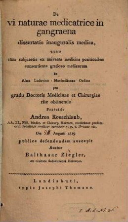 De vi naturae medicatrice in gangraena : dissertatio inauguralis medica