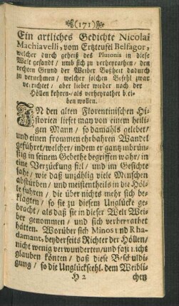 Ein artliches Gedichte Nicolai Machiavelli, vom Ertzteufel Belfagor, welcher durch geheiß des Plutonis in diese Welt gesandt, umb sich zu verheyrathen, den rechten Grund der Weiber Boßheit dadurch zu vernehmen, ...