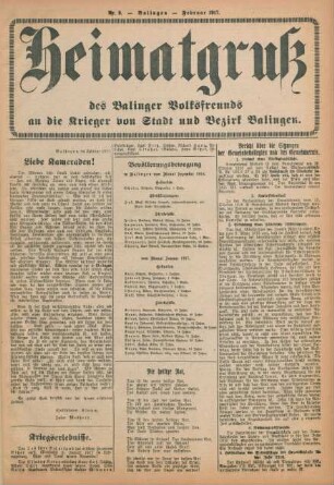 9.1917: Heimatgruß des Balinger Volksfreunds an die Krieger von Stadt und Bezirk Balingen