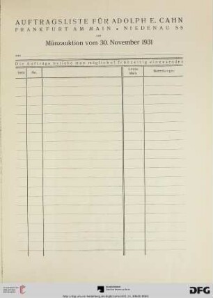 Auftragsliste für Adolph E. Cahn