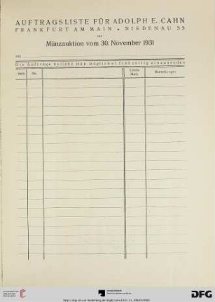 Auftragsliste für Adolph E. Cahn
