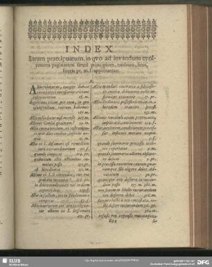 Index Rerum praecipuarum, in quo ad iuvandum evolventem paginarum simul principium, medium, finis, literis pr. m. f. apponuntur