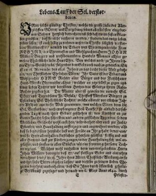 Lebens-Lauff der Sel. verstorbenen.