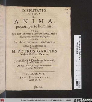 Disputatio Physica De Anima, potiori parte hominis