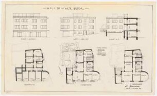 Haus Dr. Niyaki (Wohn- und Geschäftshaus), Bursa: Grundrisse Erdgeschoss, 1. und 2. Obergeschoss, Nordansicht, Westansicht, Schnitte D-E 1:100
