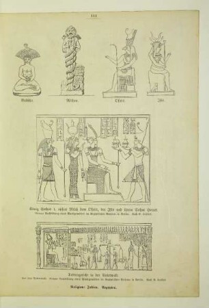 König Sethos I. opfert Milch dem Osiris, der Isis und ihrem Sohne Horus
