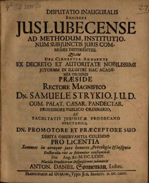 Disp. inaug. exhibens ius Lubecense ad methodum Institutionum ...