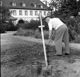 Stadtlauringen-Birnfeld (Kreis Schweinfurt), Schloßgasse 5. Schloß (18. Jh.; jetzt Seniorenheim). Mann bei der Gartenarbeit. Blick gegen Eingangsfront des Schlosses