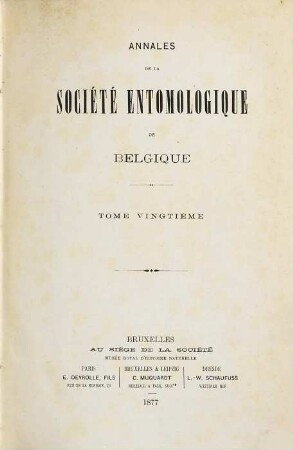 Annales de la Société Entomologique de Belgique. 20, 20. 1877