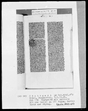 Lateinische Taschenbibel — Initiale E (t rex David), darin David und Abishag, Folio 116recto