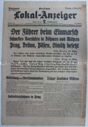 Tageszeitung "Berliner Lokal-Anzeiger" zum Einmarsch der Wehrmacht in der Tschechoslowakei