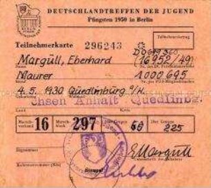 Teilnehmerkarte für das "Deutschlandtreffen der Jugend" 1950