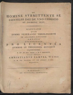 De Homine Submittente Se Consilio Dei De Uno Christo Ac Domino Jesu
