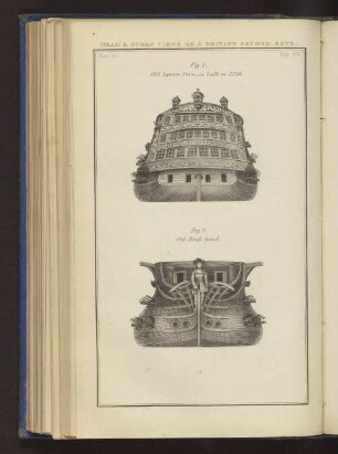 HEAD & STERN VIEWS OF A BRITISH SECOND RATE. Plate 30. Page 205. Fig. 1. Old Square Stern, as built in 1758. Fig. 2. Old Beak-head.