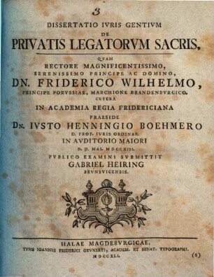 Dissertaio Ivris Gentivm De Privatis Legatorvm Sacris