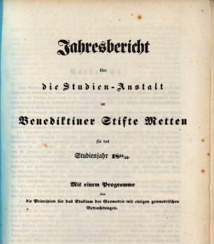 Jahres-Bericht über die Studien-Anstalt im Benediktinerstifte Metten : für das Studien-Jahr .... 1852/53