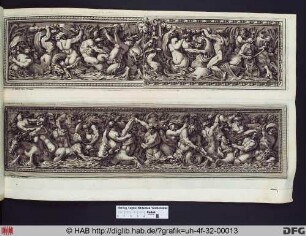 Verschiedene kämpfende Figuren, Chimären und Pferde, umgeben von ornamentalen Verzierunegen.