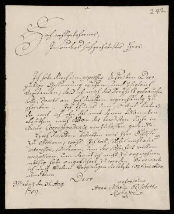 Brief von Anna Maria Elisabeth Kuhntze an Johann Friedrich von Uffenbach, Mainz, 31.8.1759