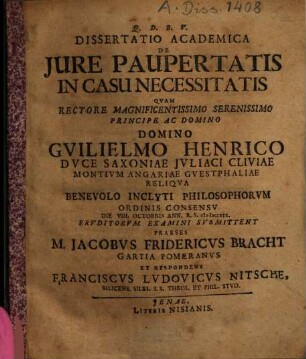 Dissertatio Academica De Iure Paupertatis In Casu Necessitatis