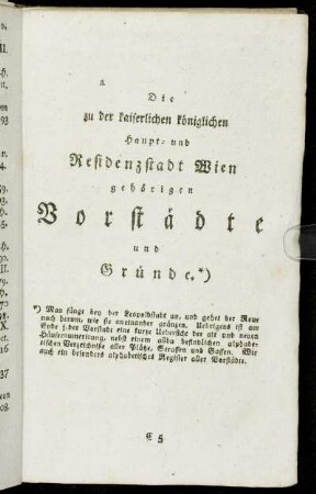 Die zu der kaiserlichen königlichen Haupt- und Residenzstadt Wien gehörigen Vorstädte und Gründe.