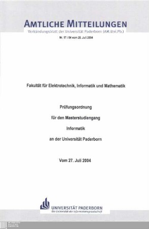 Prüfungsordnung für den Masterstudiengang Informatik an der Universität Paderborn : vom 27. Juli 2004