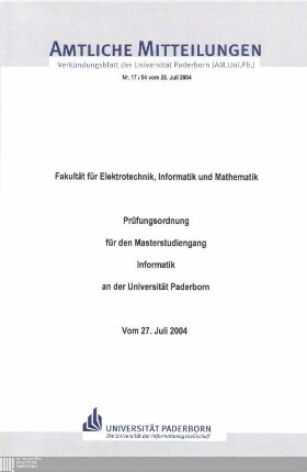Prüfungsordnung für den Masterstudiengang Informatik an der Universität Paderborn : vom 27. Juli 2004