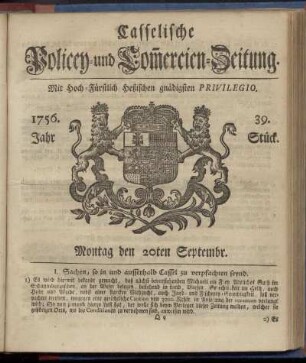 39. Stueck, Montag den 20ten Septembr. 1756