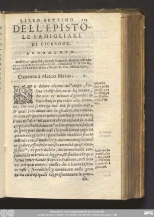 Libro Settimo Dell' Epistole Famigliari Di Cicerone. [A Mario, Et Altri.]