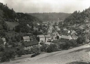 Krippen (Bad Schandau-Krippen). Ortsteilansicht mit Turm der Pfarrkirche. Blick in Richtung Elbtal