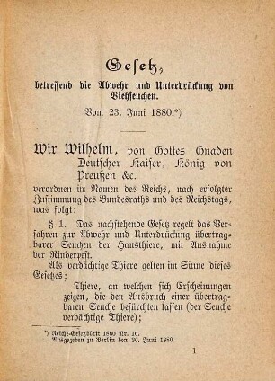 Taschen-Ausgabe zum handlichen Gebrauche für Distrikts- und Ortspolizei-Behörden, Thierärzte und sonstige Betheiligte : Enthaltend das Reichs-Gesetz vom 23. Juni 1880 zur Erbwehr u. Unterwirkung von Viehseuchen mit den sämmtlichen dazu gehörigen Gesetz- u. verordnungsmäßigen Ausführungsbestimmungen, mit Inhaltsverzeichniß u. praktisch eingerichtetem alphabetischen Sachregister