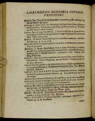 Libri Medici Nundinis Futuris Prodituri. - Libri Miscellanei Fut. Nund. Prodituri.